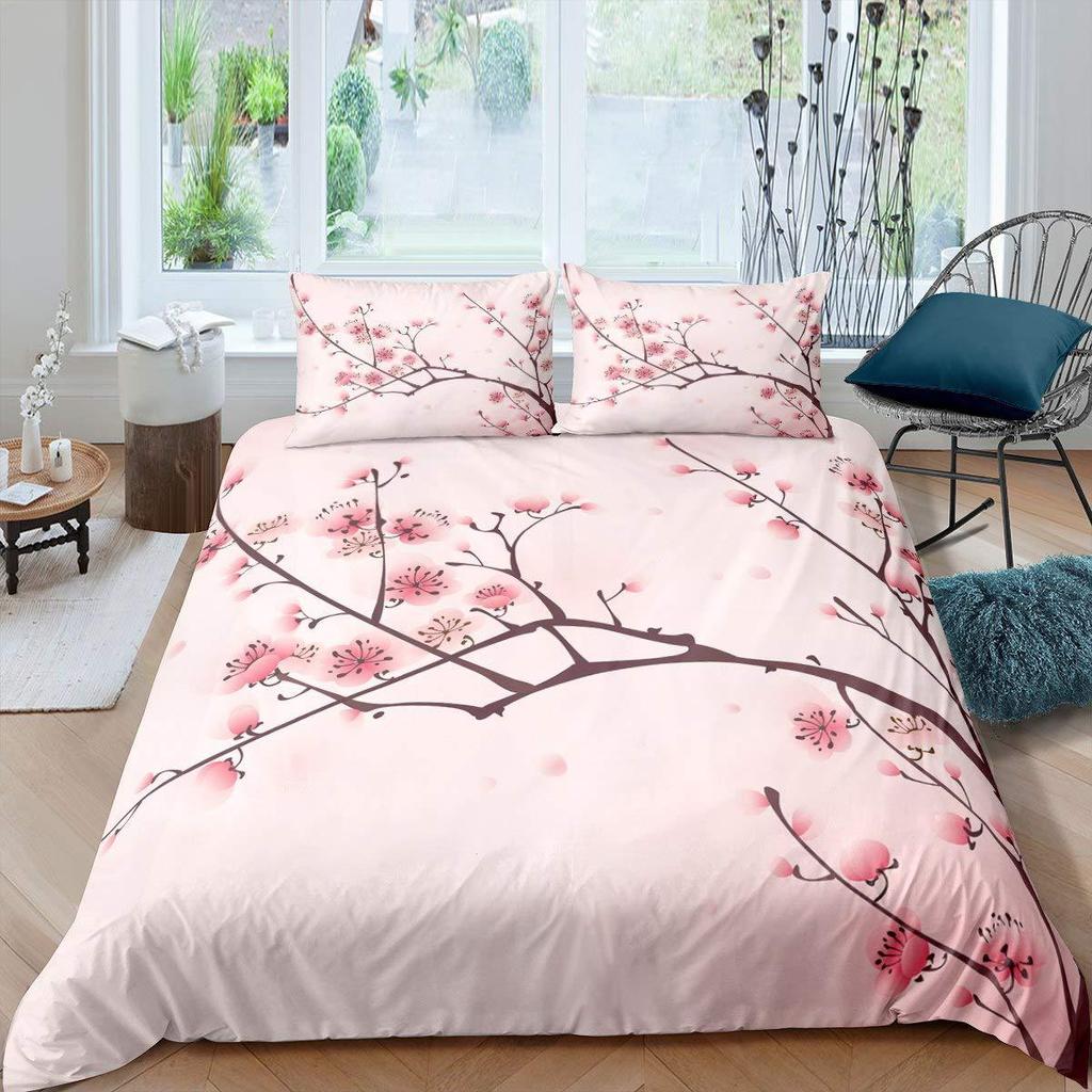 Pink Cherry Blossom Three-Piece Spring Flower Duvet Cover Girl Room Decoration Bedding