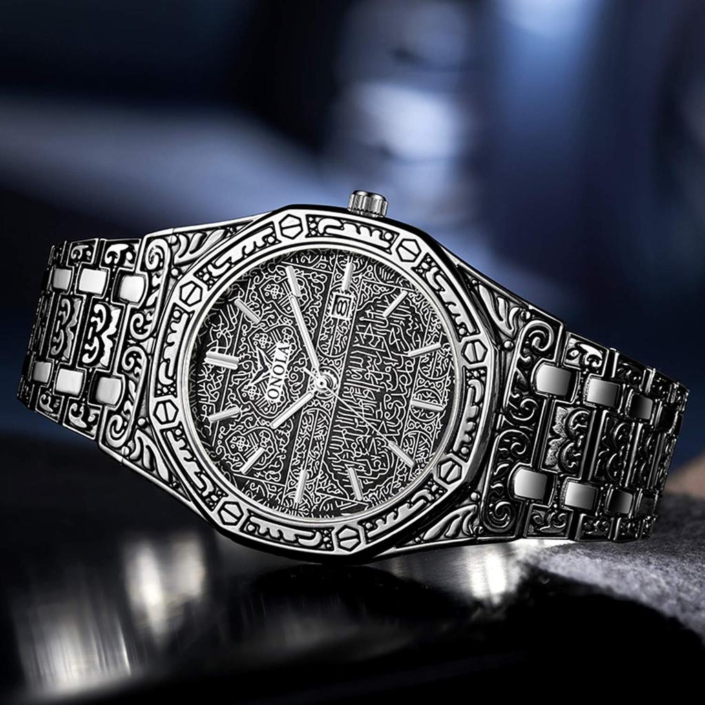 RORIOS Analog Quartz Watch with Date Engraved Classic Retro Stainless Steel Popular for and Dull Gray Men's Display, Design, Style, Waterproof, Band,