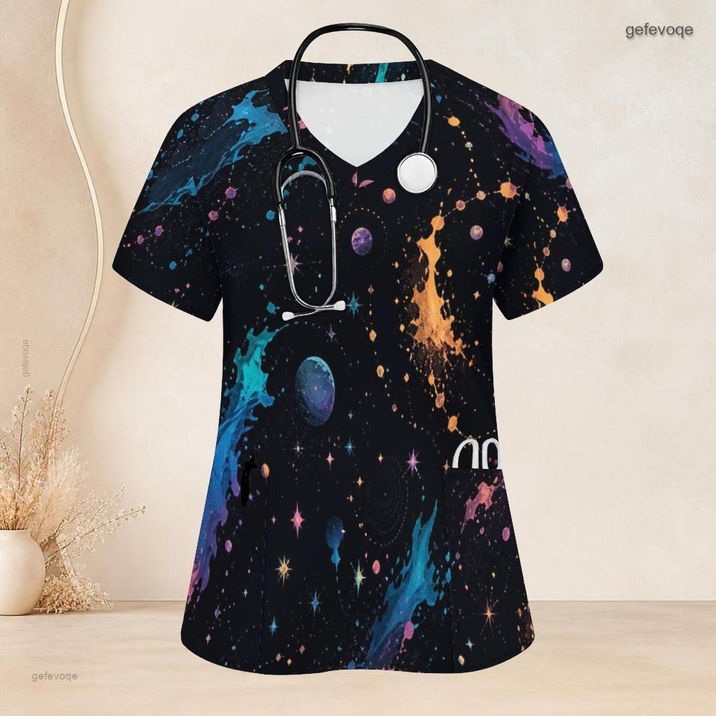 Women Plus Size V Neck Short Sleeve Black Multicolor Printed Nurse Scrub Top With Front Pockets