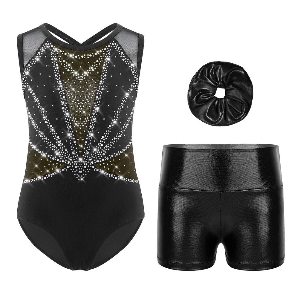 Girls Dance Performance Set Shiny Rhinestones Sleeveless Crisscross Back Leotard Metallic Shorts Headwear