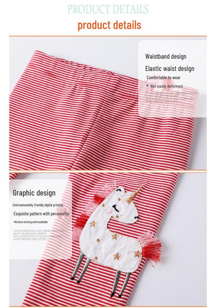 Girls' Cartoon Embroidered Leggings - Spring/Summer Style Thin Pants