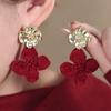 French Flocking Pleated Flower Stud Earrings For Women, Autumn And Winter Retro Light Luxury Ankola Red Temperament Earrings