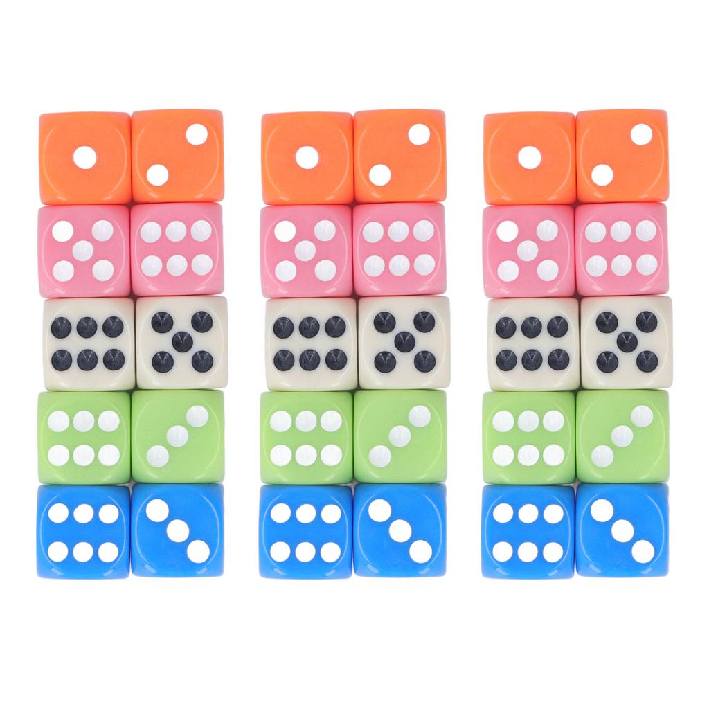 30PCS Colored Dice Set Plastic 6 Sided Standard Game Dice for Kids Classroom Math Learning White Blue Orange Pink Green
