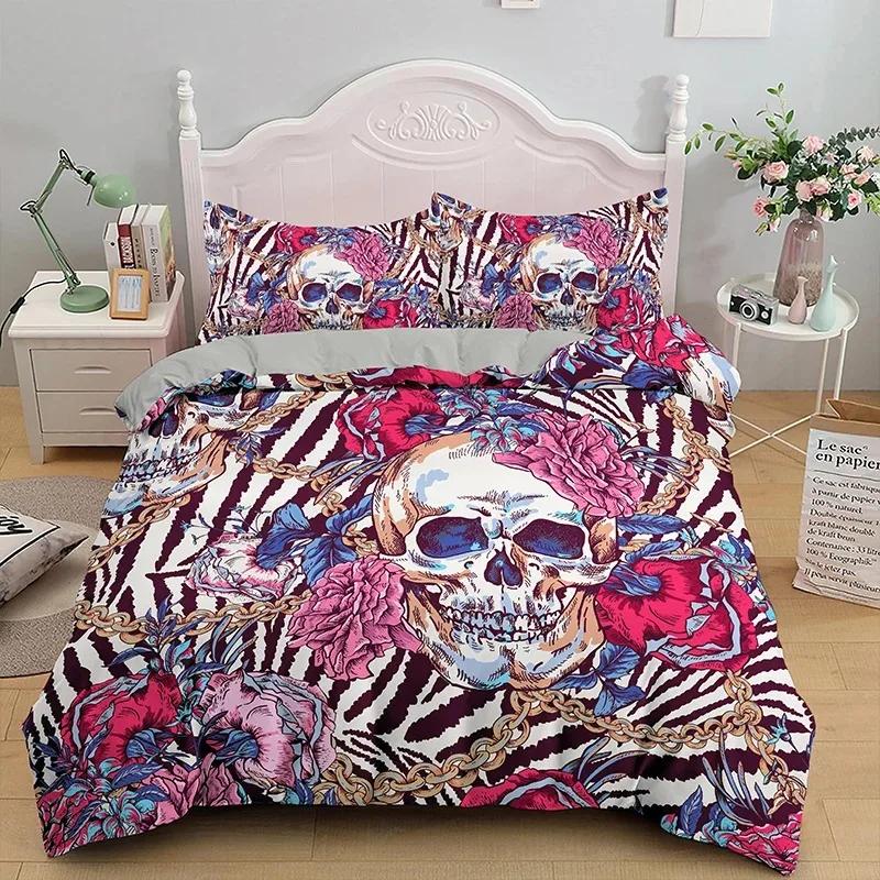 Skull Duvet Cover King, Halloween Comforter Cover,Gothic Fog Smoke Skull Skeleton Bedding Set,Grey Quilt Cover Room Decor