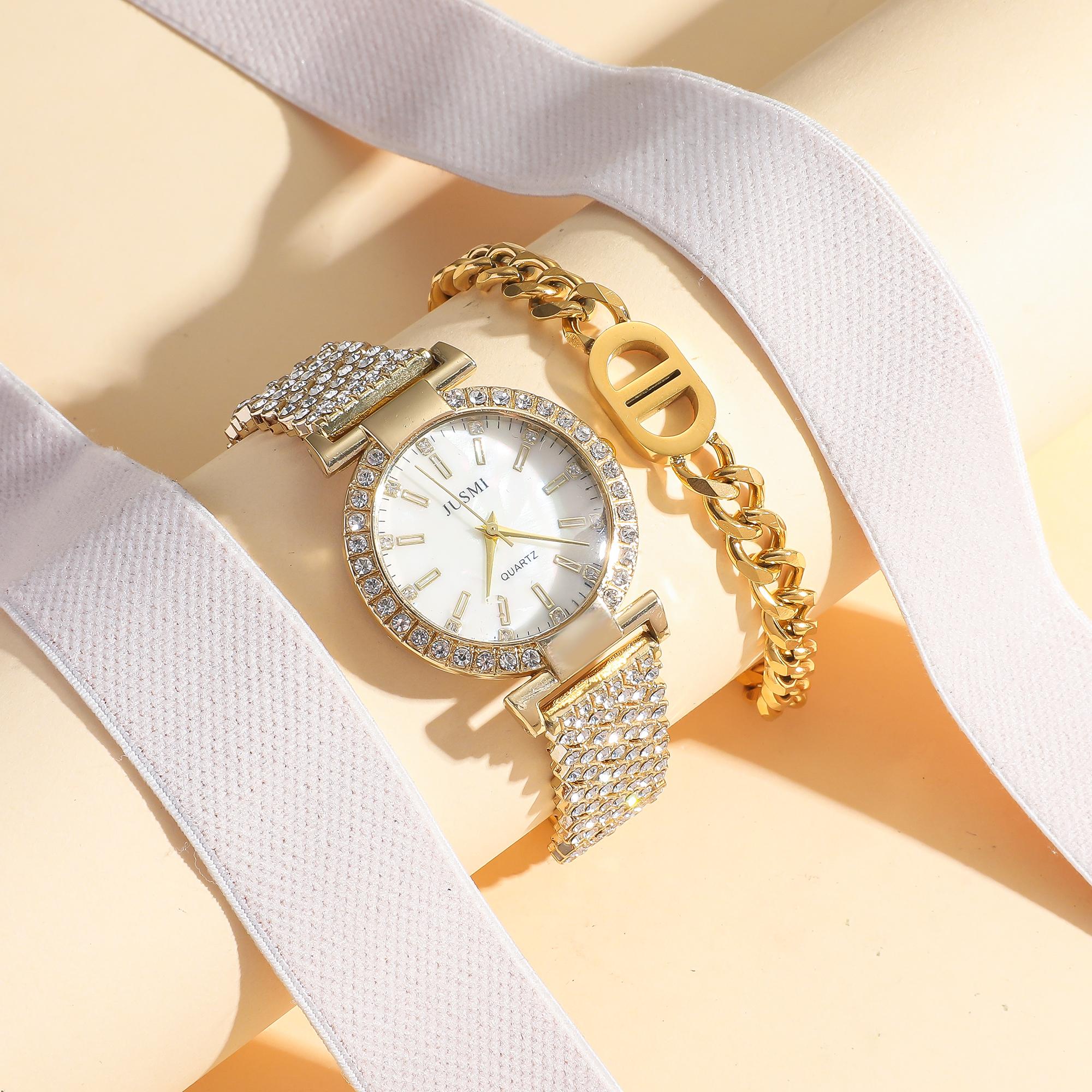 

2 шт./компл. Простые круглые женские кварцевые часы с инкрустацией бриллиантами, простые браслеты, наборы украшений, подходят для праздничных подарков золотой