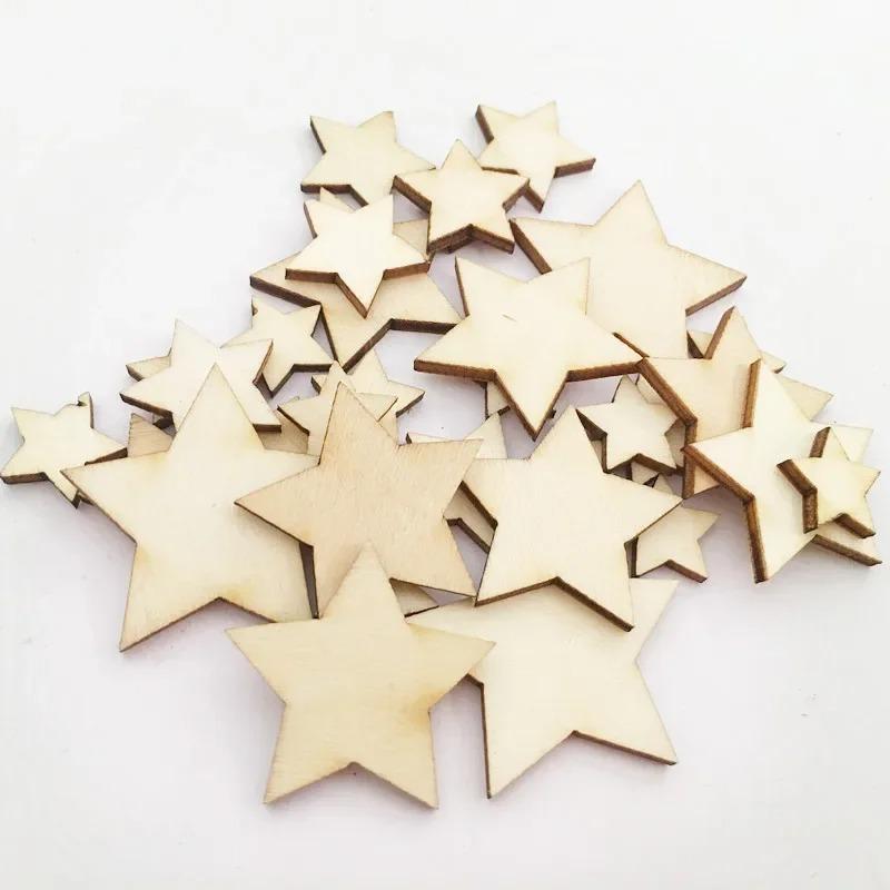 100pcs/lot Unfinished Wooden Stars Ornaments, Assorted Size Cutout Blank Wood Pieces Star for Christmas Wedding Party DIY Crafts