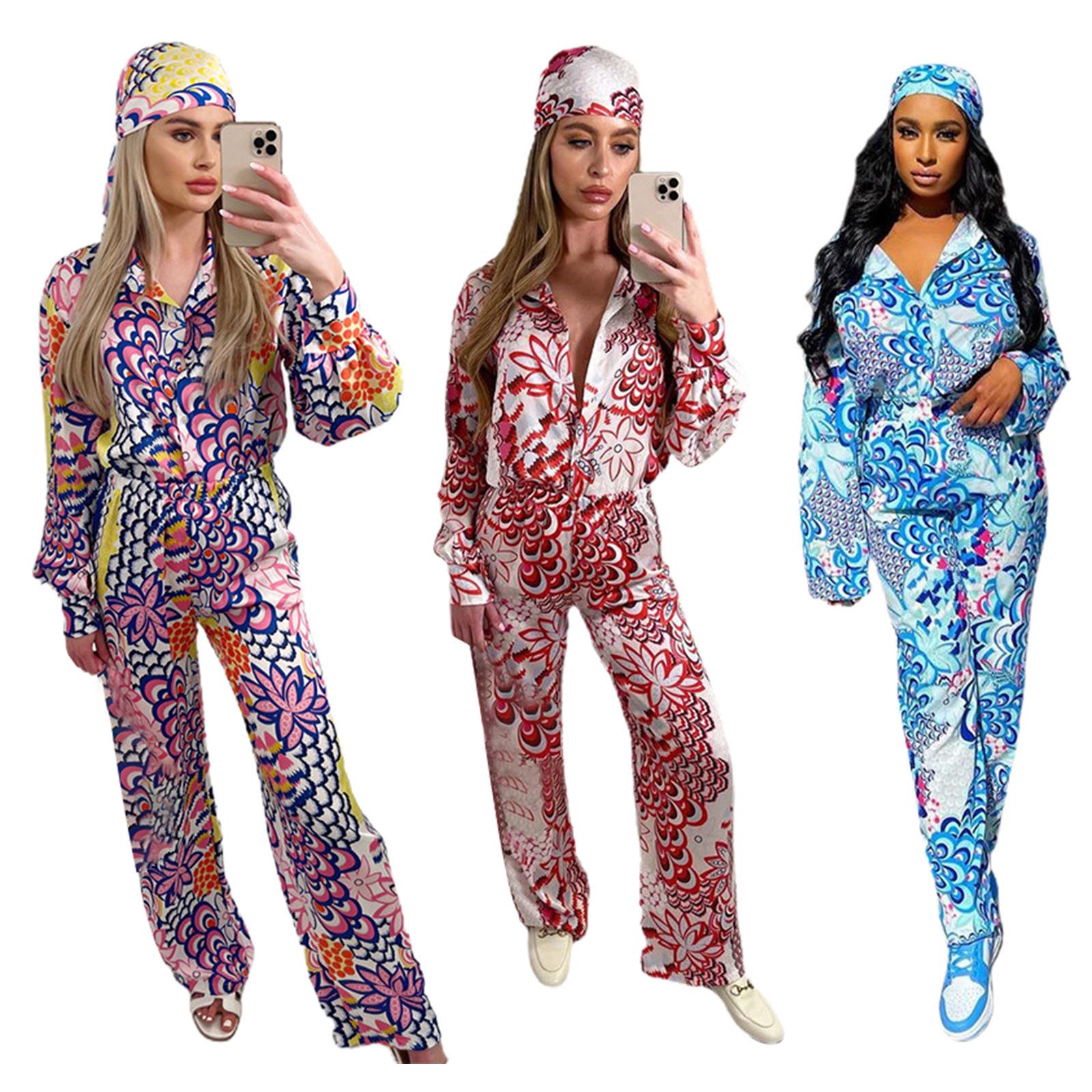 

Summer Women s Fashion Print Loose Slit Long Pants Three-Piece Set S красный