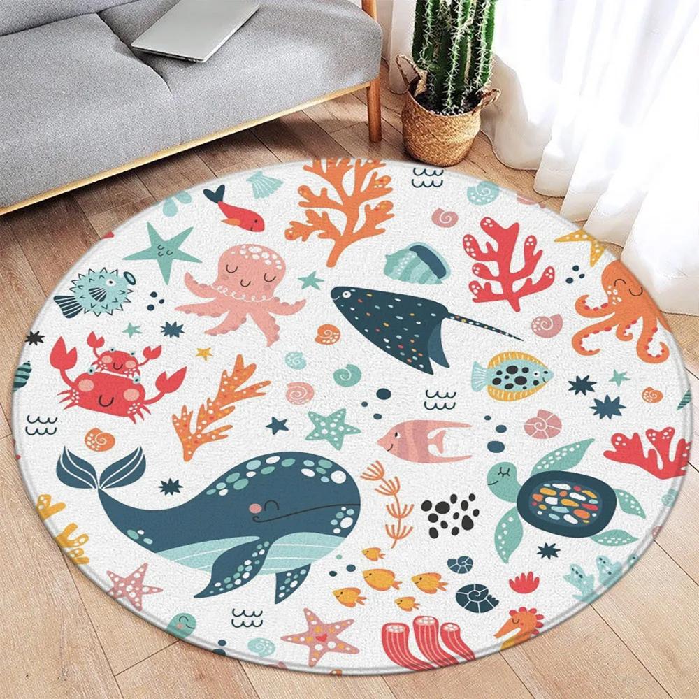 Cartoon Round Carpet Ocean Fish Dolphin Starfish Cute Deer Lion Elephant Tiger Kids Bedroom Mat Home Living Room Decor Floor Rug