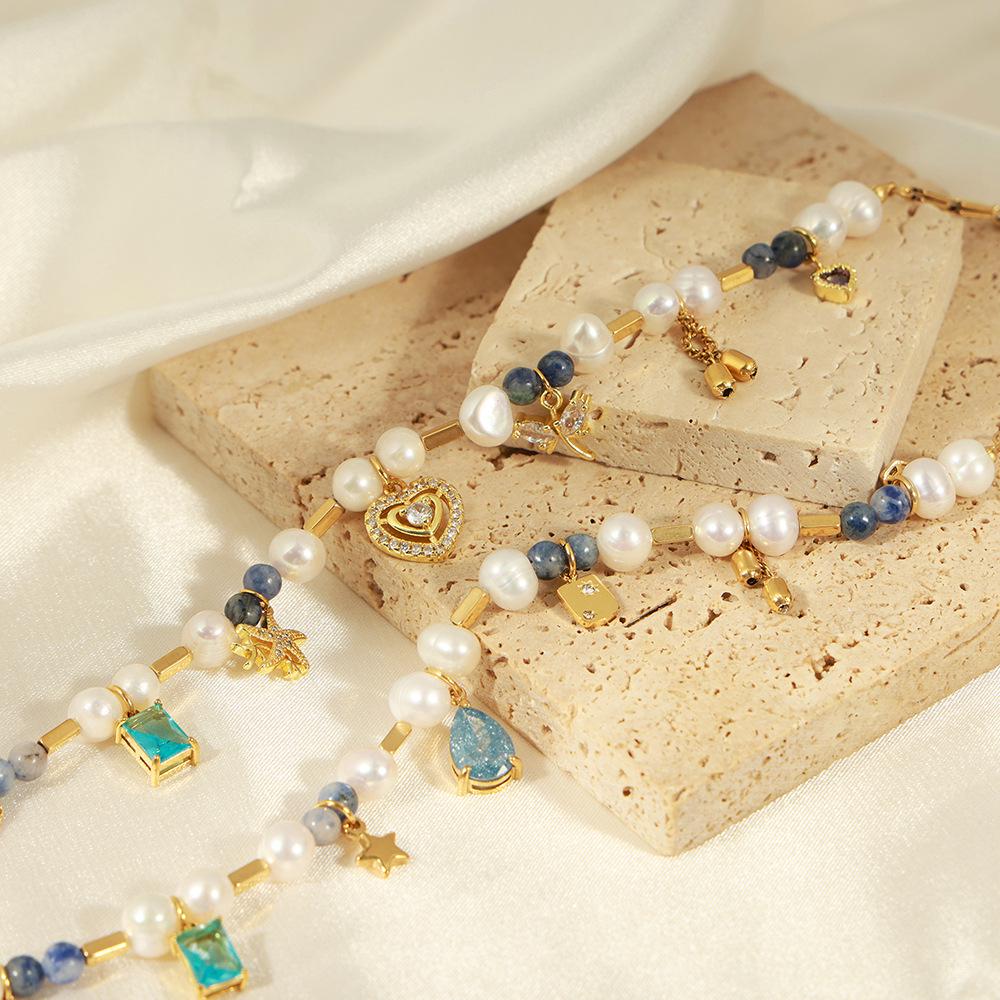 European-American Court Style Gold-Plated Titanium Necklace with Freshwater Pearls & Natural Stone Beads