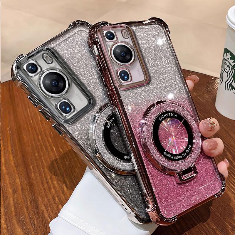 P 60 70 Hülle Luxus Magnethalterung Stoßfeste Hülle für Huawei P60 P50 P40 P30 Pura70 pro Ultra Hülle mit Halter glänzend Glitzer