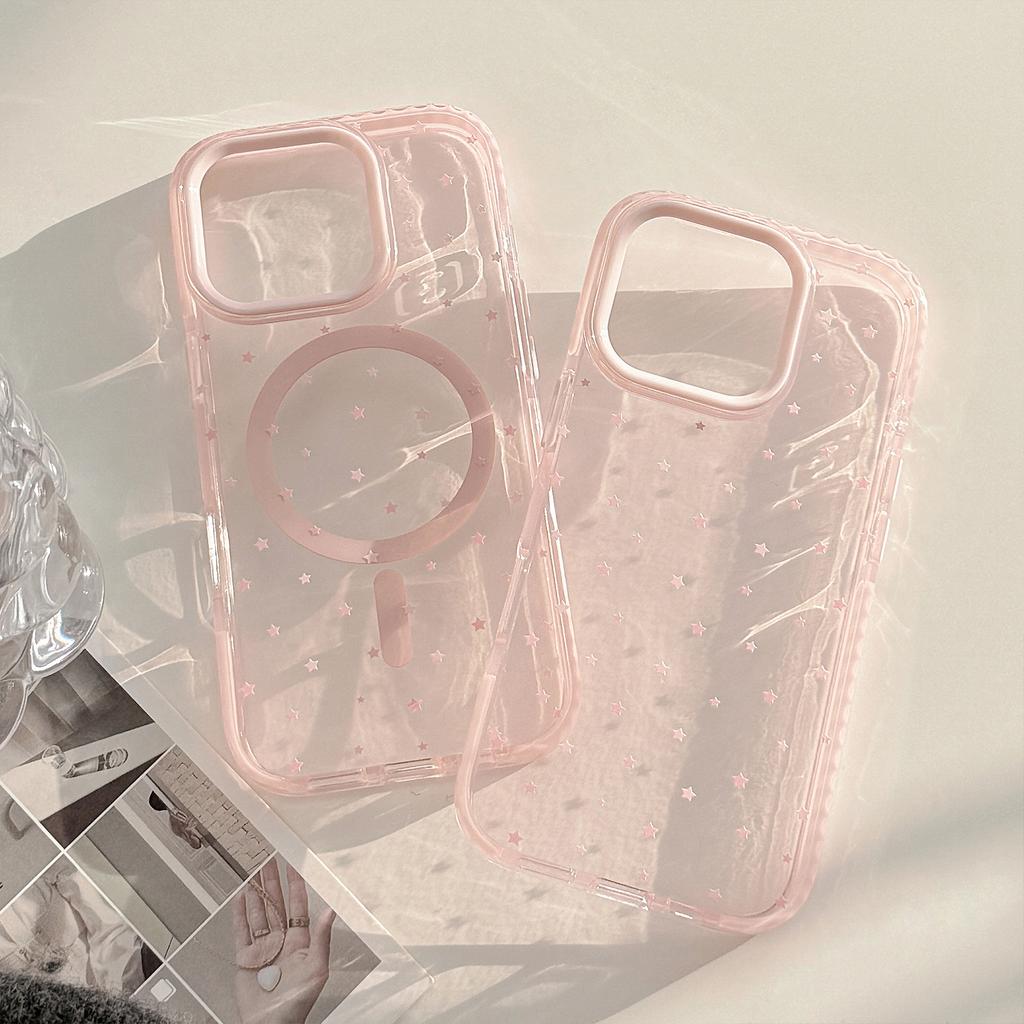 Różowa transparentna obudowa magnetyczna do ładowania bezprzewodowego w koreańskim stylu, na cały ekran, z motywem gwiazdek, dla iPhone 17 16 15 14 13 12 Pro Max