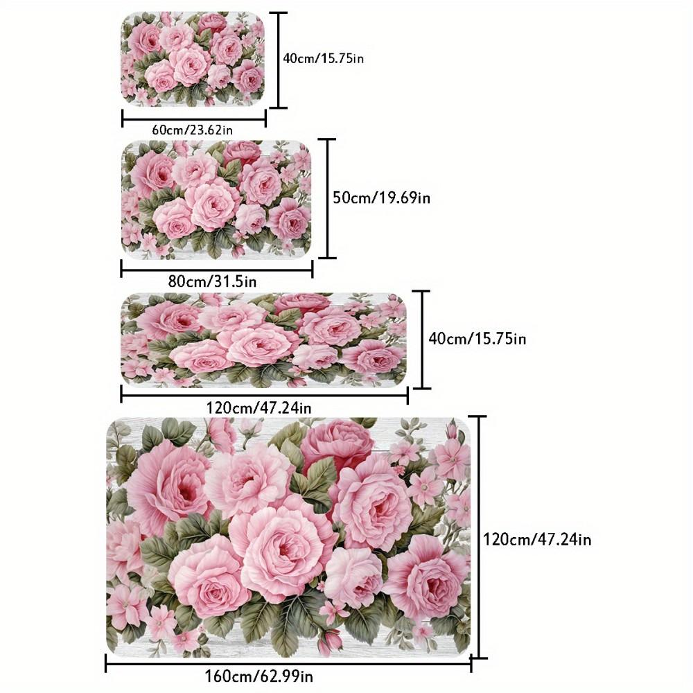 VIKAMA 1/2pc Valentine's Day Pink Rose Pattern Non-Slip Floor Mat, Suitable For Entrance, Bathroom, Kitchen And Home Decoration.