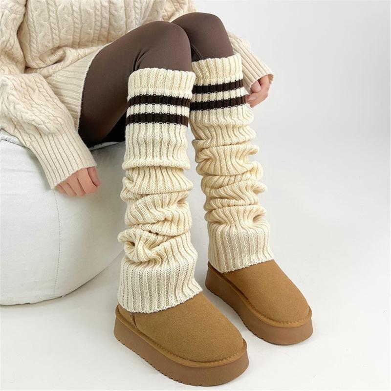 Women Thicken Ribbed Knit Leg Warmer Preppy Style Double Striped Leg Covers Snow Boot Cuffs Over Knee Stacked Long Socks