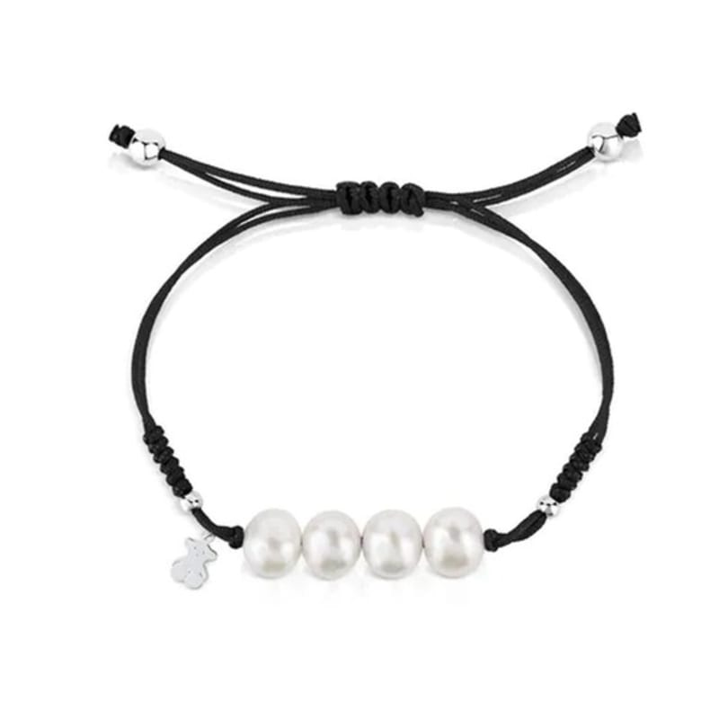 TOUS Pearls Black Cord, Silver and Pearl Bracelet /213031540