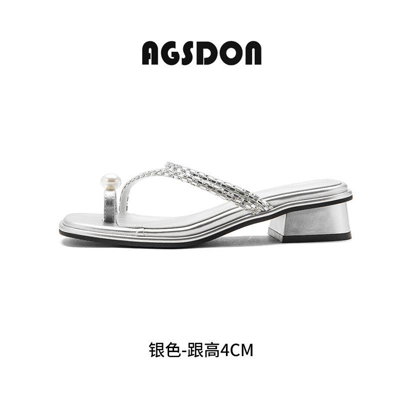 Thick-heeled slippers summer new French style with skirt rhinestone pearl toe sandals 34