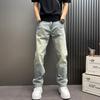 Men's Denim Washed Old Light Blue Jeans Men's Loose Straight Trousers Trendy Brand Simple High Street Trousers