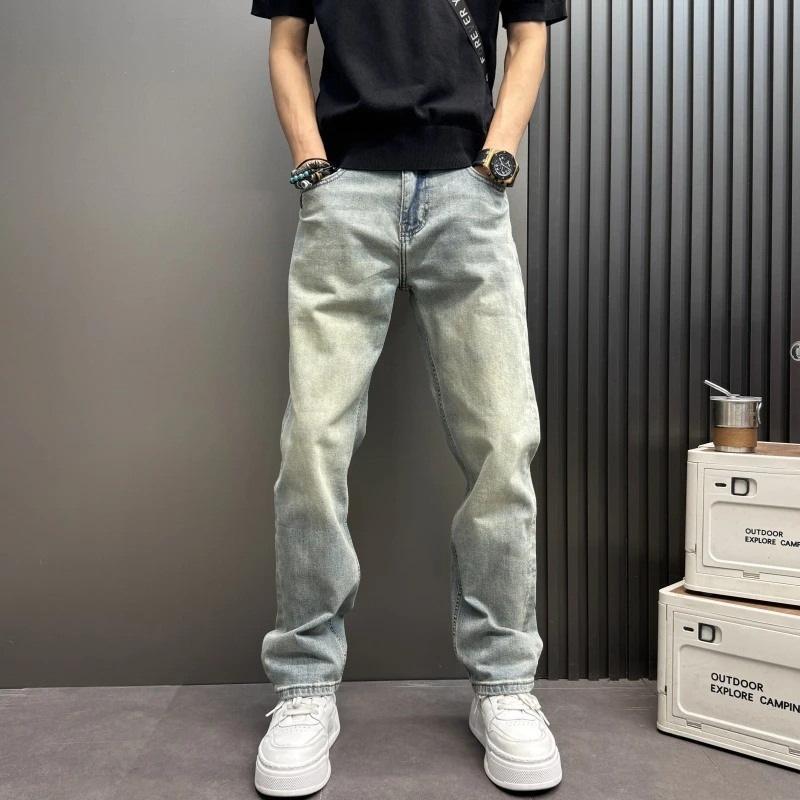 Men's Denim Washed Old Light Blue Jeans Men's Loose Straight Trousers Trendy Brand Simple High Street Trousers