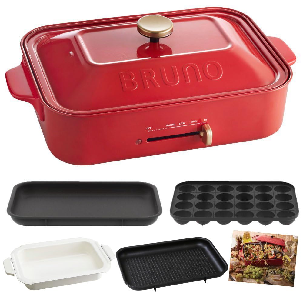 

BRUNO Компактна гаряча плита Основний блок 4 типи тарілок Каструля з керамічним покриттям Плоска книга рецептів у комплекті Червоний Стильний милий Це 1 кришка в комплекті 1200 Вт червоний