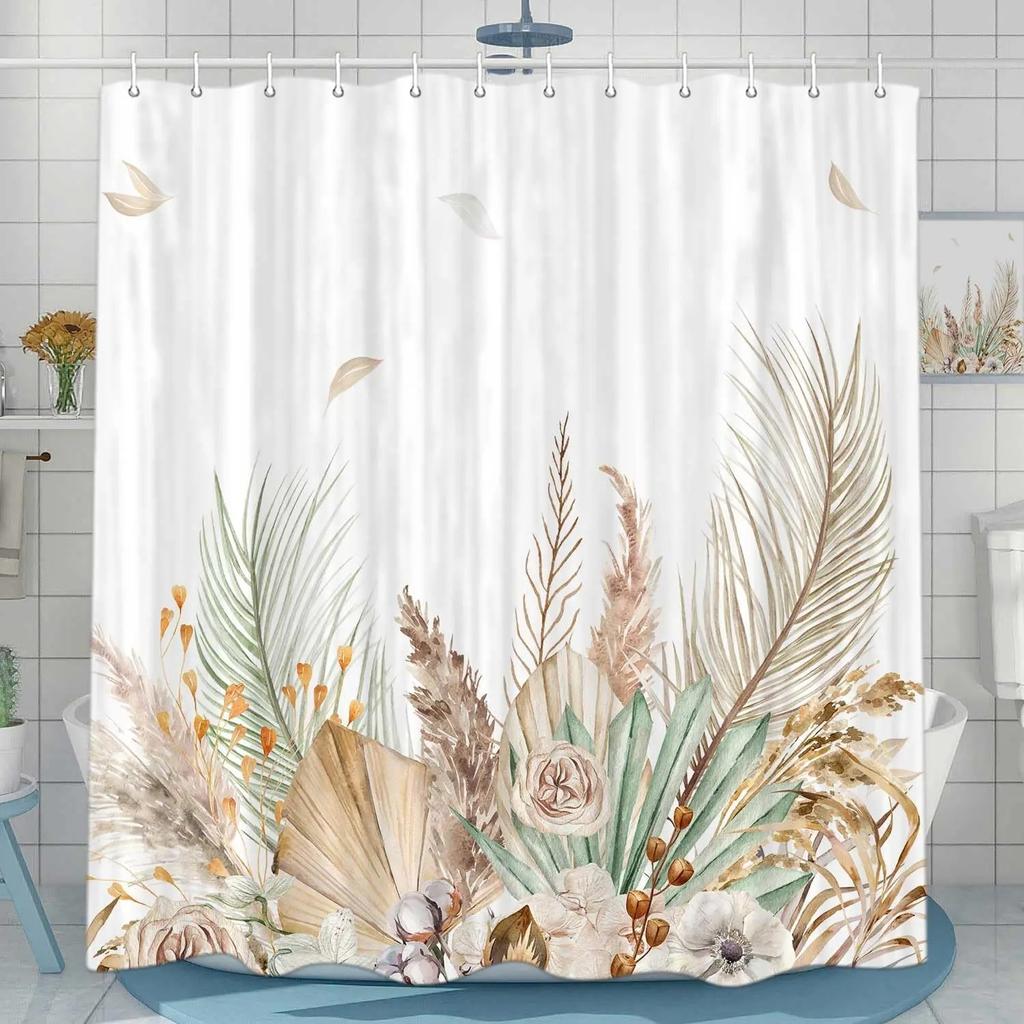 Boho Leaves Shower Curtain Tan Leaf With Floral Decorative Bath Curtain Polyester Fabric Waterproof Bathroom Curtain With Hooks