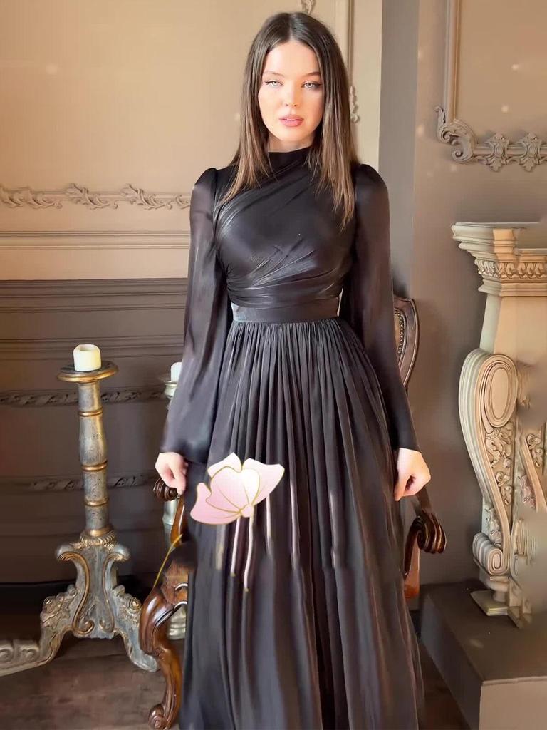 2025 European & American Style Women's Long White High-Neck Waist-Cinching Half-Sleeve Dress