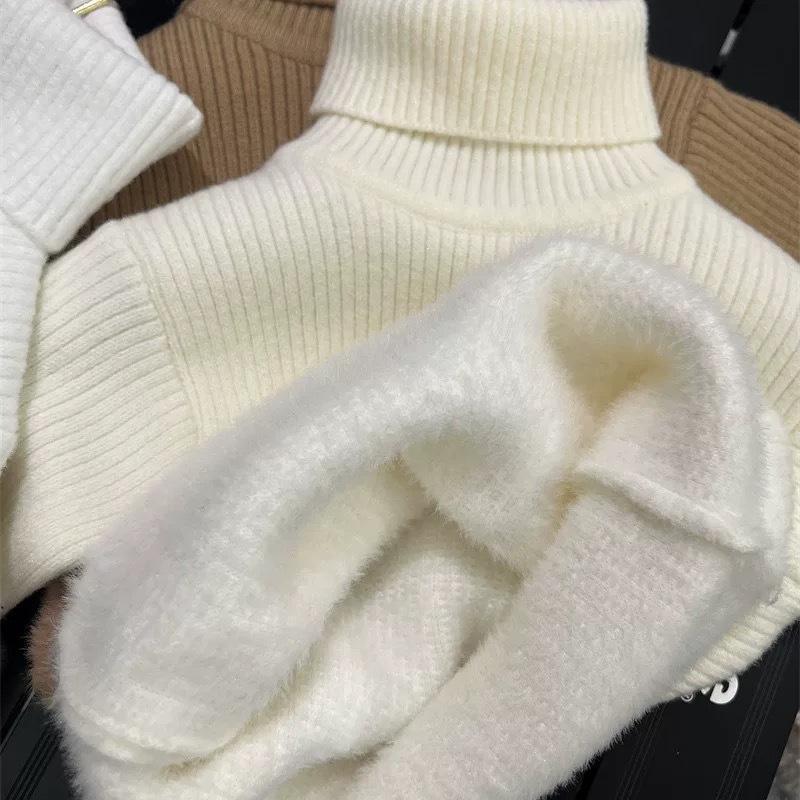 Kids Autumn Winter Thickened Fleece Lined High Neck Knit Sweater Warm Base Layer Top For Toddlers And Children