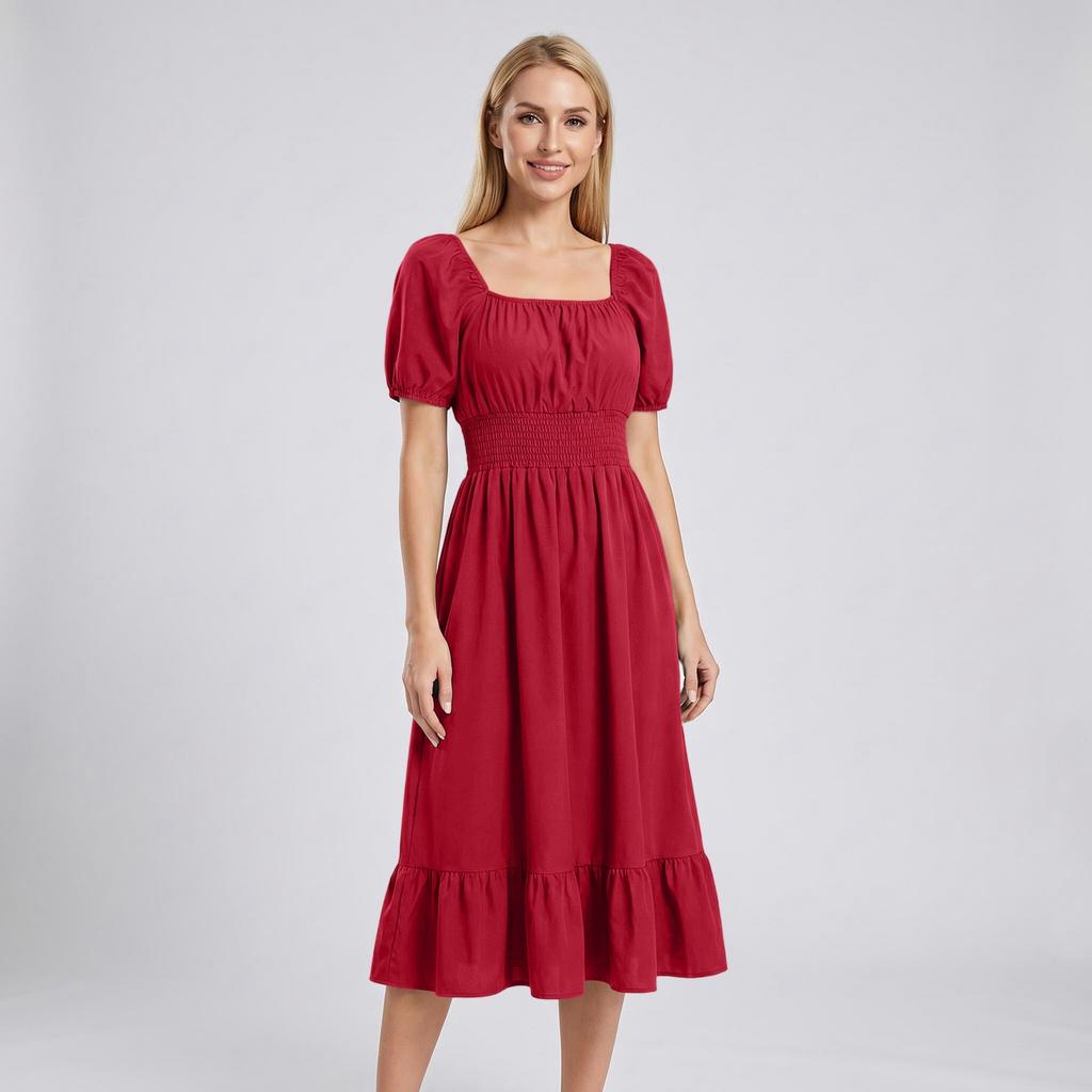 Women Casual Square Neck Short Sleeve Dress Waist Smocked A Line Midi Dress with Ruffle Hem for Everyday Wear