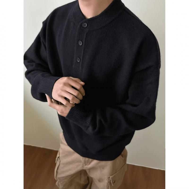 Grauer Henley-Kragen Pullover für Herren: Hochwertige Strickwaren für Frühling/Herbst, Lässiger Schnitt, Saubere Oberbekleidung.
