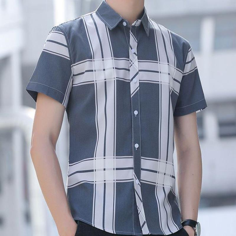 Fashion Shirt Men's Summer Short-sleeved Plaid Casual Slim Trend Non-iron Anti-wrinkle Shirt Blouse Men