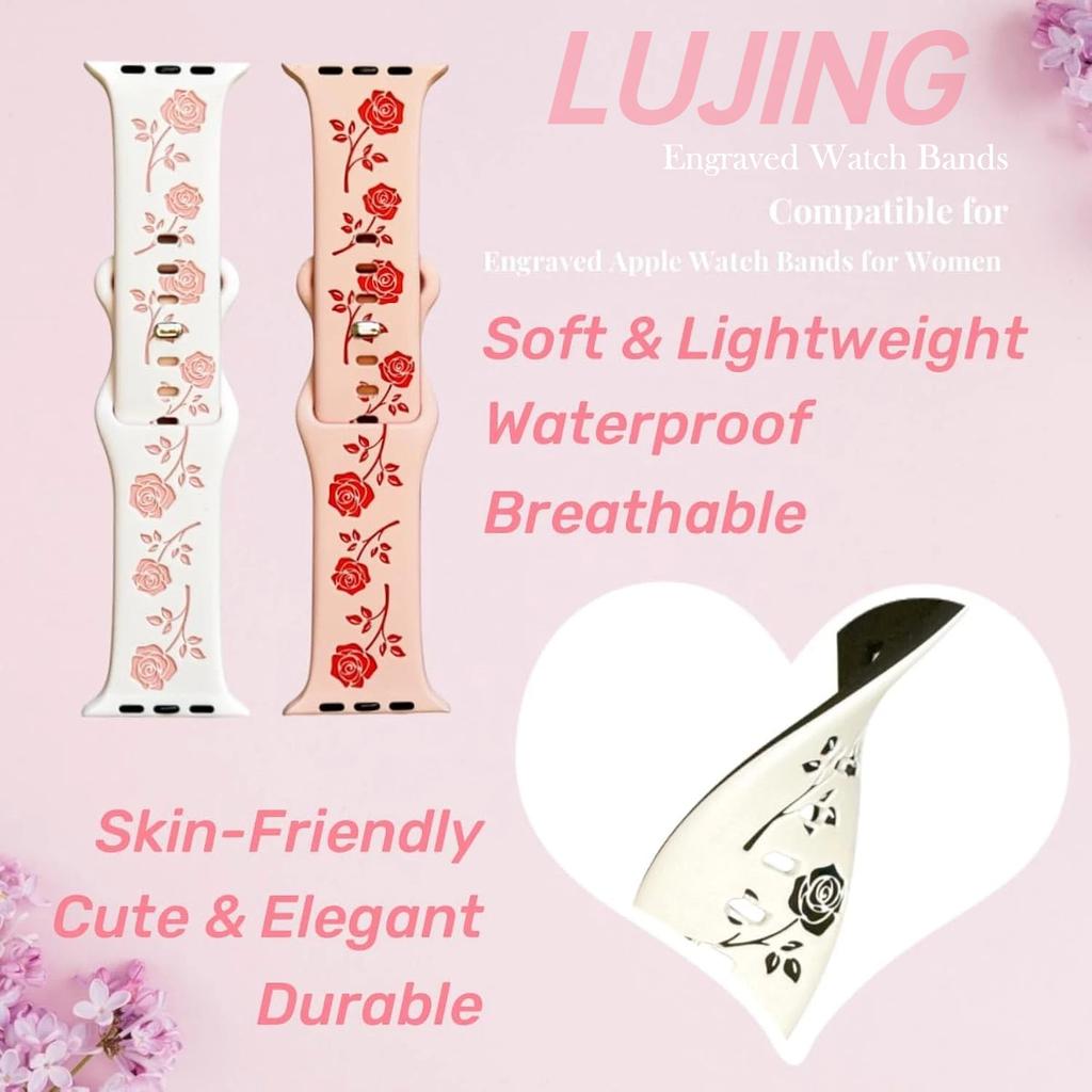 Two-Tone Flower Engraved Watch Band 46mm Compatible with Apple Watch Series 10 42mm 38/40/41/44/45/49mm for Women Rose Flower Soft Straps