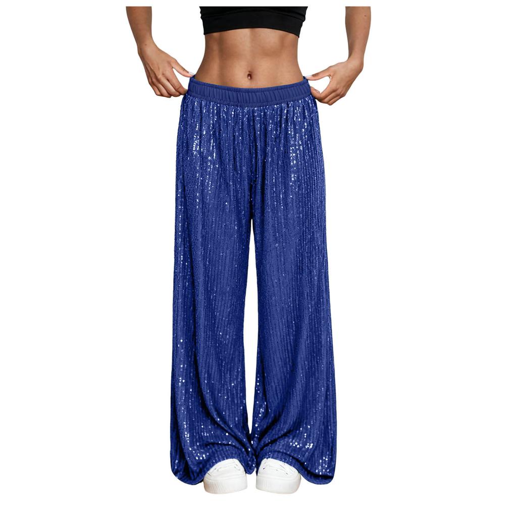 Women's Summer High-Waisted Sequin Wide-Leg Pants: Casual, Lightweight, Breathable, Slimming, Flowing, Solid Color