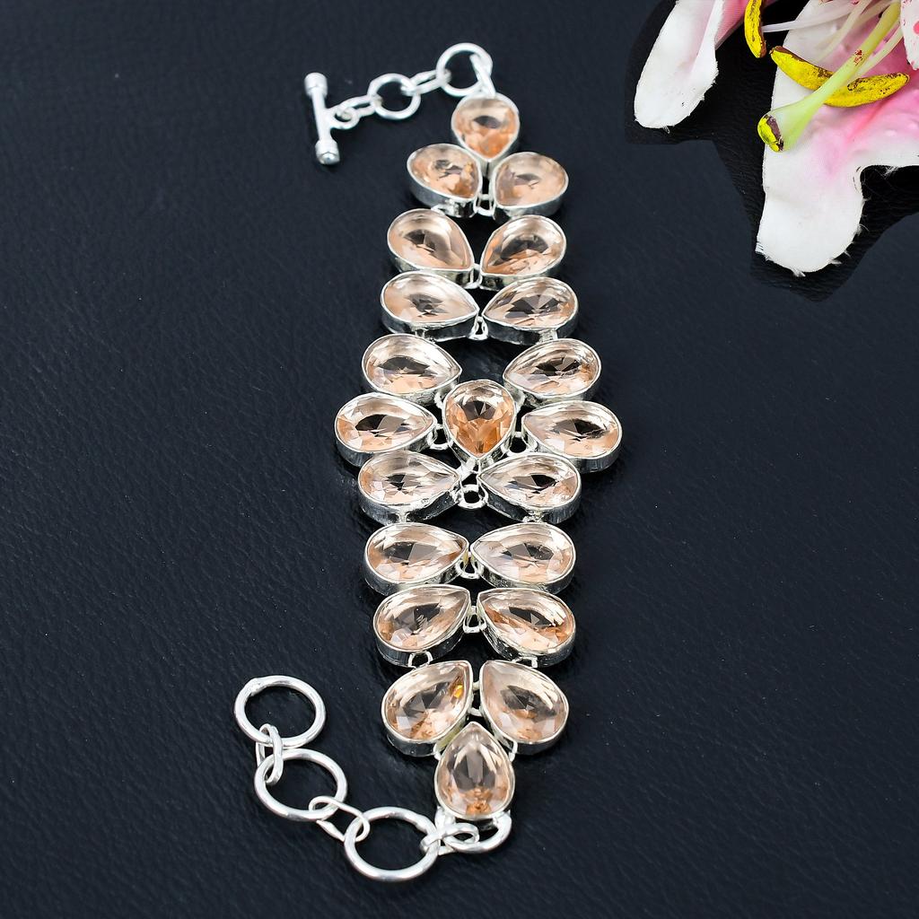 Morganite Gemstone Handmade 925 Sterling Silver Bracelet 7-8" KG-367