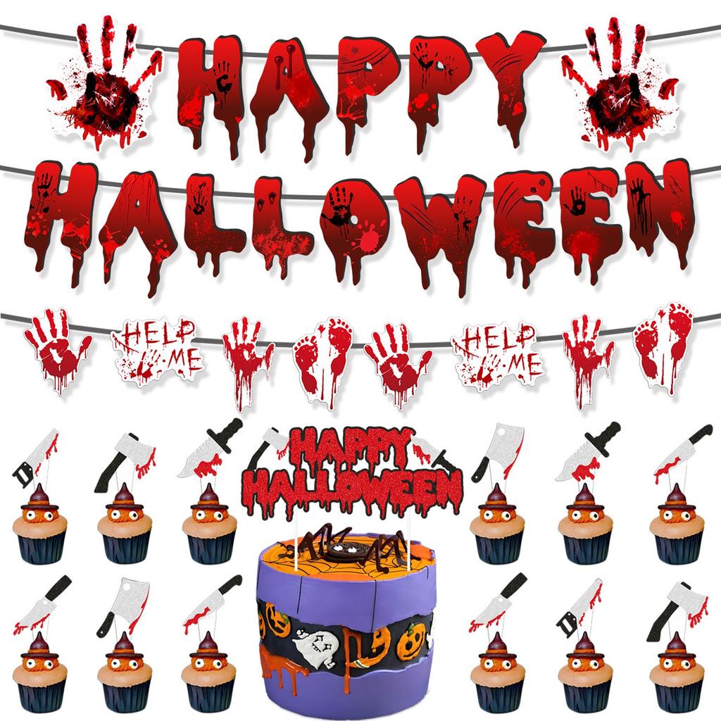 Halloween Disposable Tableware Set Horror Bloody Handprints Plates Cups Napkins Halloween Party Home Table Decoration Supplies