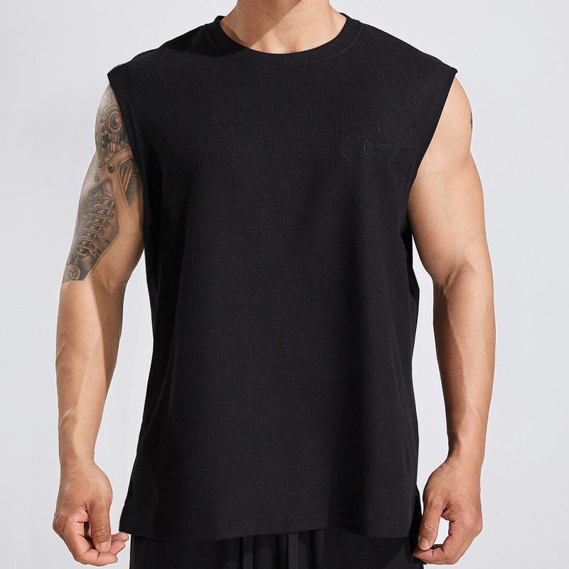 

Sports American Summer New Trendy Fashion Men s Waffle Sleeveless Vest Wide Shoulder New Pullover Embroidery Black XL