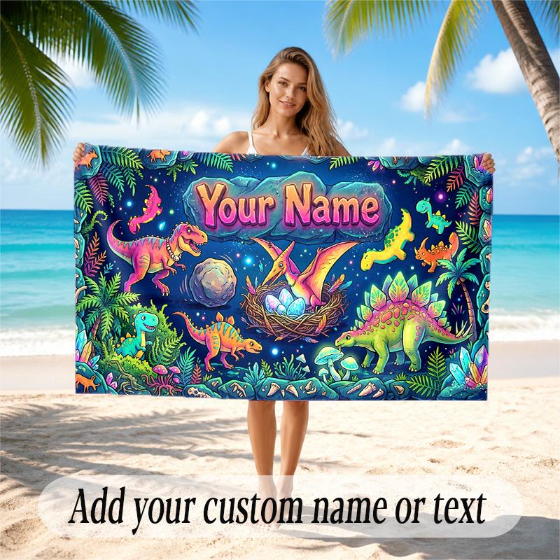 Dinosaur Theme Quick Dry Beach Towel Custom Name Text Print Large Sand Resistant Towel Beach Vacation