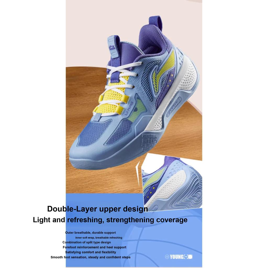 Basketbalové topánky Li Ning Tian Ying s ľahkou technológiou Priedušné nízke tenisky pre deti Modrá Fialová YKBT054-11