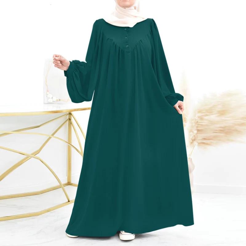Modern Puff Sleeve Muslim Women's Robe: Spring/Autumn Solid Color Long Dress
