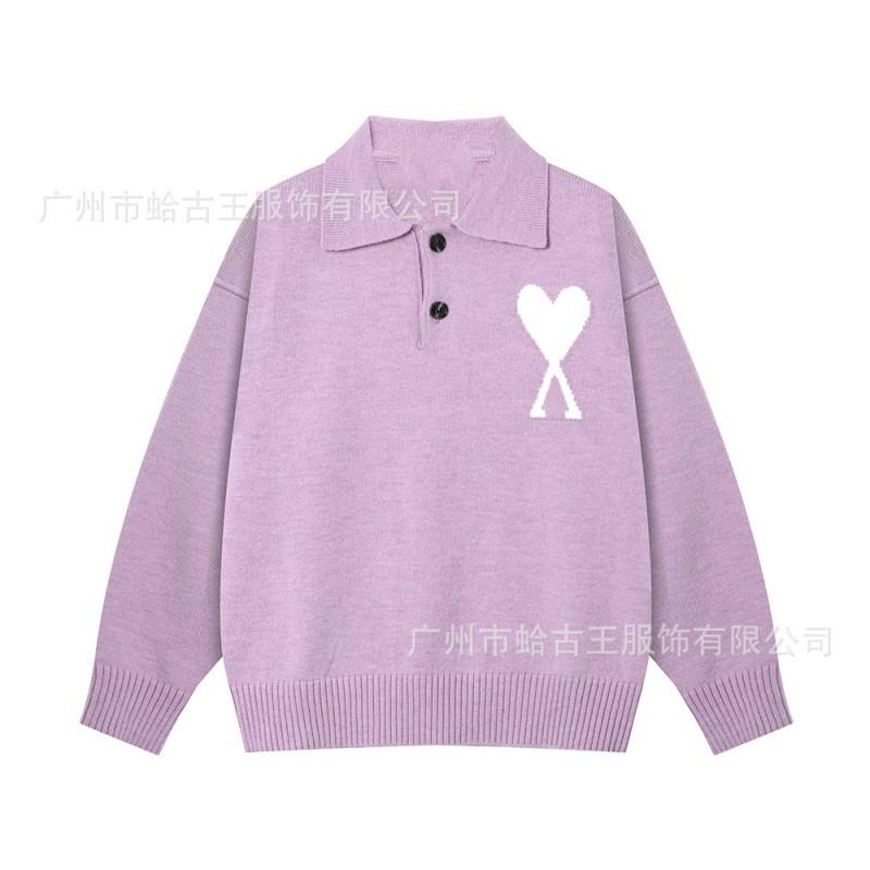 Unisex Cotton Blend Knit Sweater With Heart Jacquard Loose Fit Long Sleeve