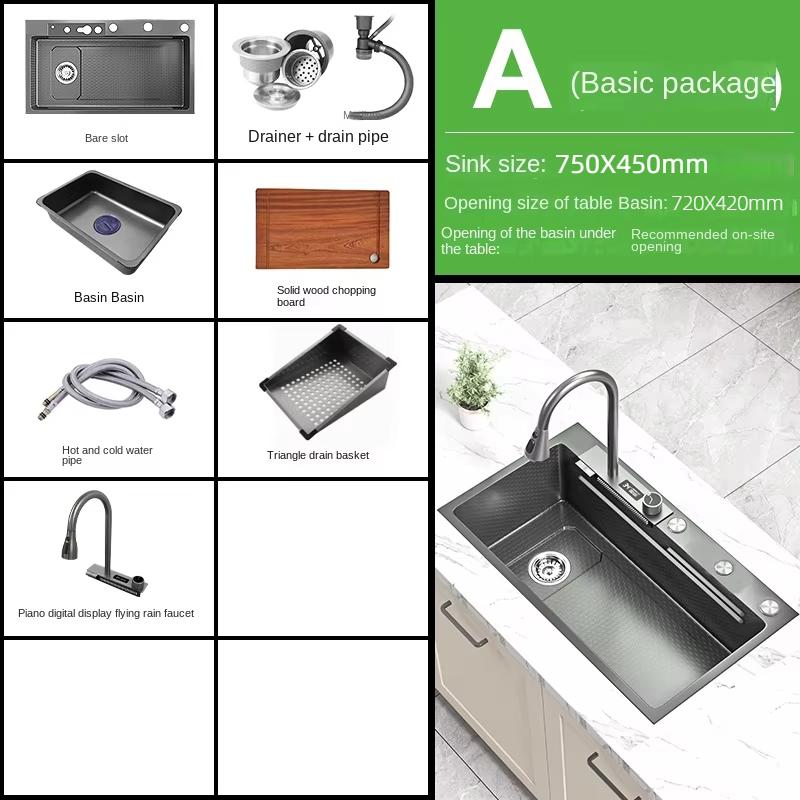 Kitchen Sink Waterfall Sink Temp Digital with cup washer Counter Controls Workstation Kitchen Sink single kitchen sinks Black