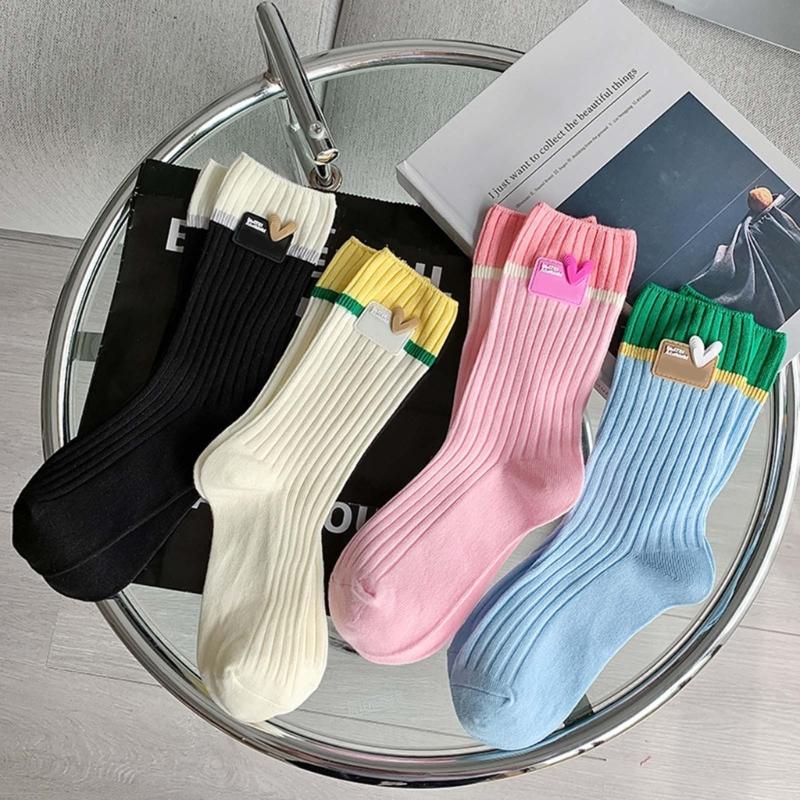 Japanese Style Women Y2K Girl Cotton Crew Socks Harajuku Sweet Love Label Colorblock Ribbed Knit Middle Tube Calf Socks