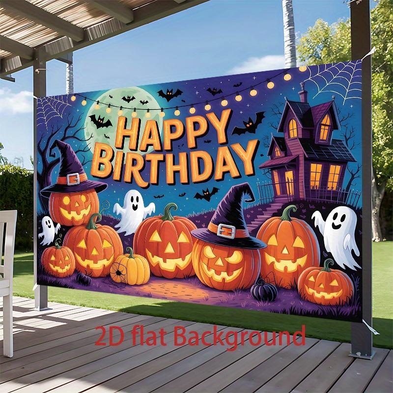 One Halloween-themed birthday backdrop - featuring a grotesque witch hat pumpkin lanterns and a haunted house designzyc