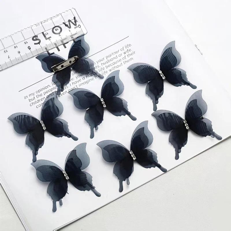 6 Colors 3D Tulle Butterfly Brooch Pins 10Pcs Rhinestone Organza Lapel Pins for Women Fashion Daily Wear Accessory
