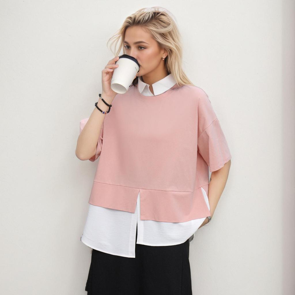 DIMANAF 2025 Übergröße Pullover Sommer T-Shirt Damen Asymmetrisch Uni Kurzarm Lockeres T-Shirt