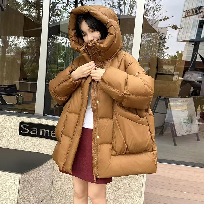 

Premium down jacket women s 2025 winter thickened puff feeling hooded loose white duck down big bread jacket M помаранчевий