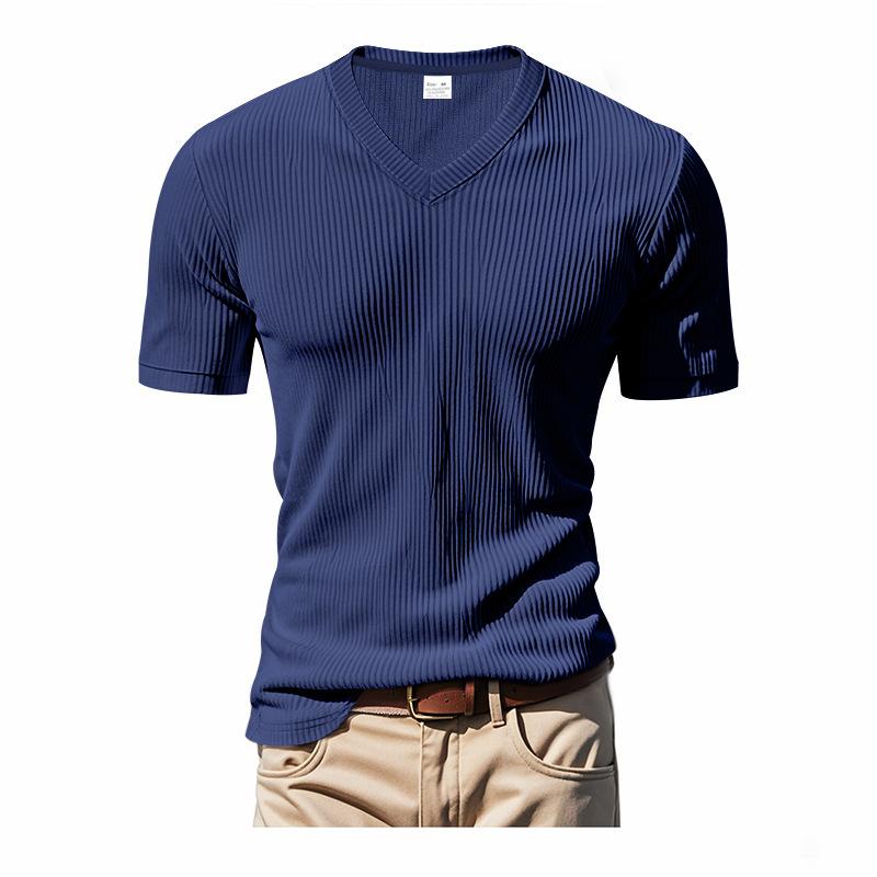 Men's Knit Tshirt Solid Color Short-Sleeved V-neck Slim Fit Casual Summer Basic Tee