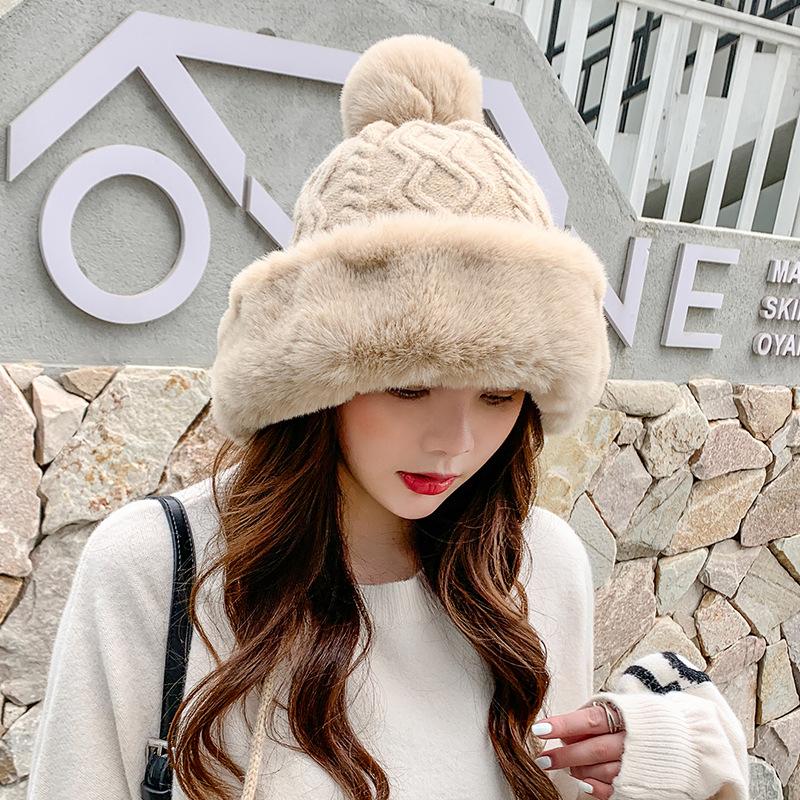 Thicken Hat New Style Ladies Fur Ball Plus Velvet Warm Hood Outdoor Autumn And Winter Cold-Proof Fashion Cute Woolen