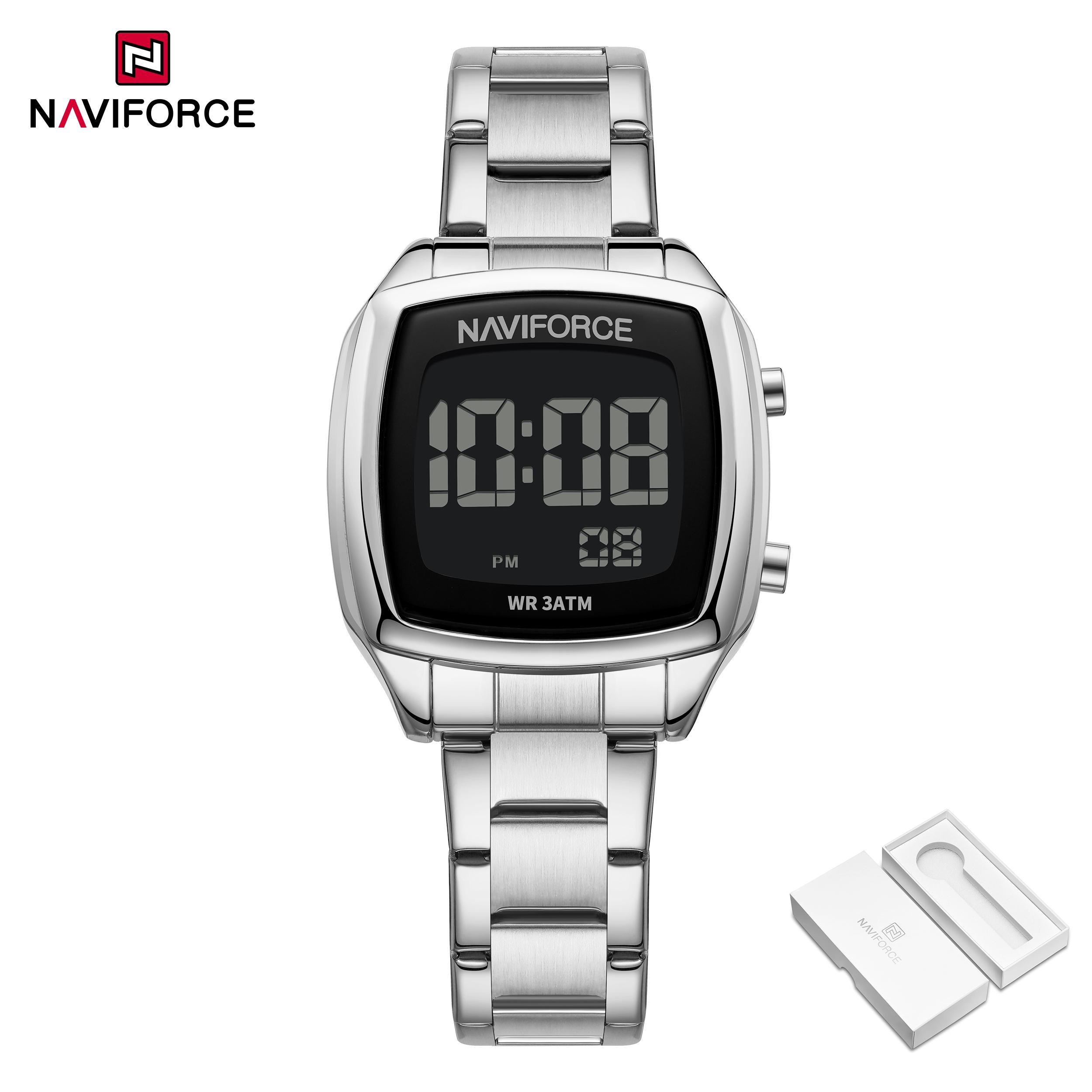 

NAVIFORCE Women Digital Waterproof Watch Casual Sport Multifunction Stopwatch Gold Square Luminous Date Dial Stainless Steel Strap NF5047 серебряный