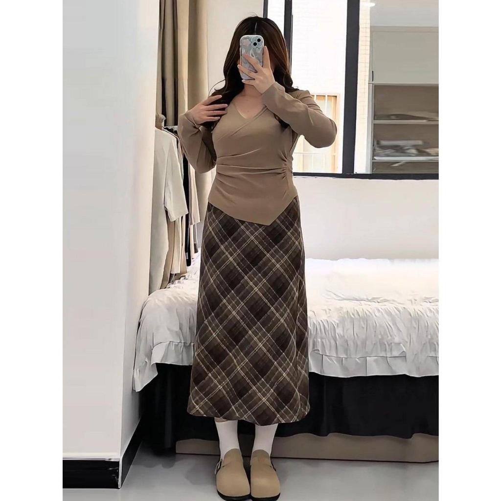 Großformatiger Retro-Karorock in A-Linie - Koreanischer Stil, Hoher Bund, Wollig, Schlankmachend, Stilvoll, Altersreduzierend für Damen im Frühling/Herbst