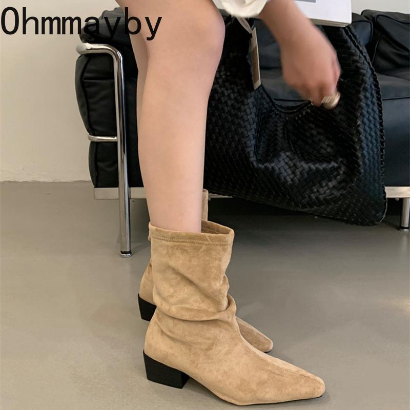Vintage Pleated Woman Ankle Boots Autumn Winter Pointed Toe Slim Short Booties Fashion Square Heels Shoes