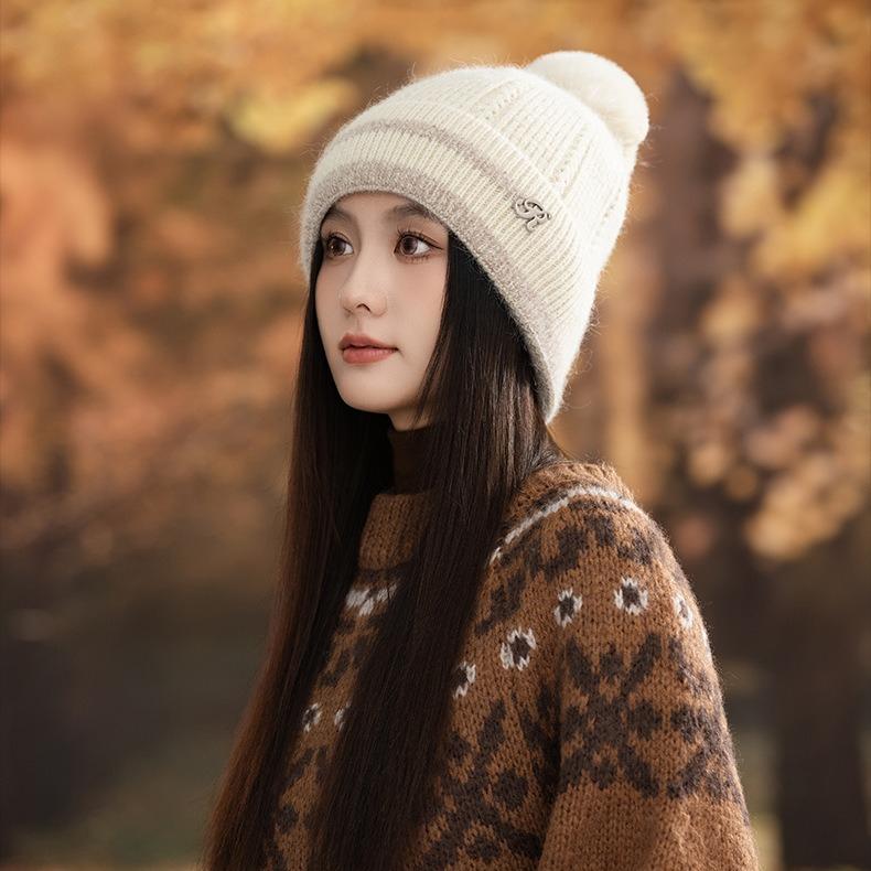 Autumn and Winter Women's Velvet Knitted Wool Hat Outdoor Travel Windproof Warm Hat Cycling Cold Ear Hat