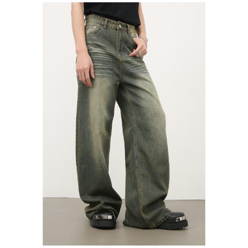 Dlouhé kalhoty Vintage zelené prané džíny Pánské spadlé volné rovné široké nohavice Rovné volné džíny pro muže Módní a pohodlné kalhoty